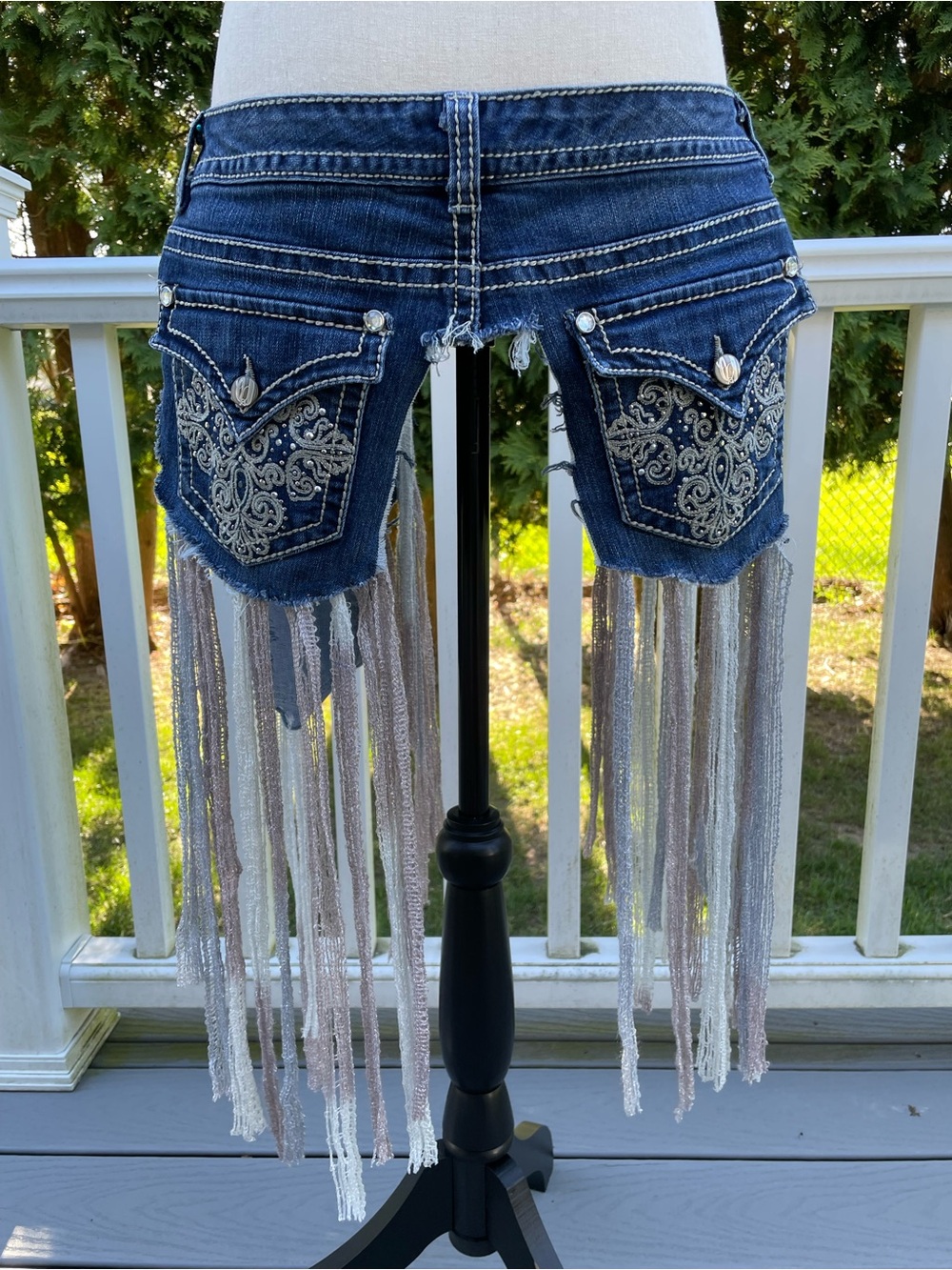 Denim Fringe Embellished Festival Waist Belt - Blue with Silver Fringe Large
